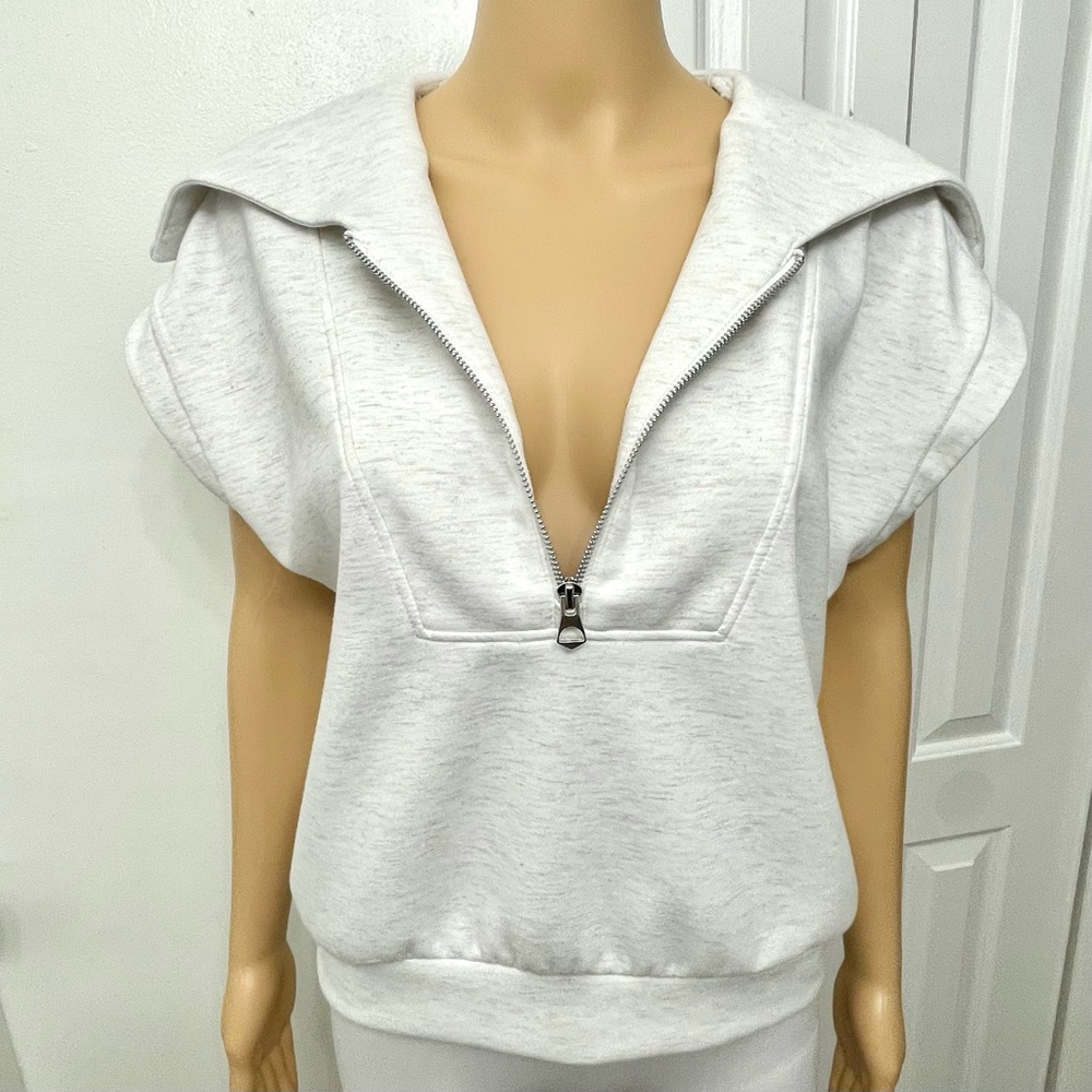 Yogalicious Light Gray/Ivory Sleeveless Half Zip-Up Sweatshirt Yoga Top size L - Picture 3 of 7